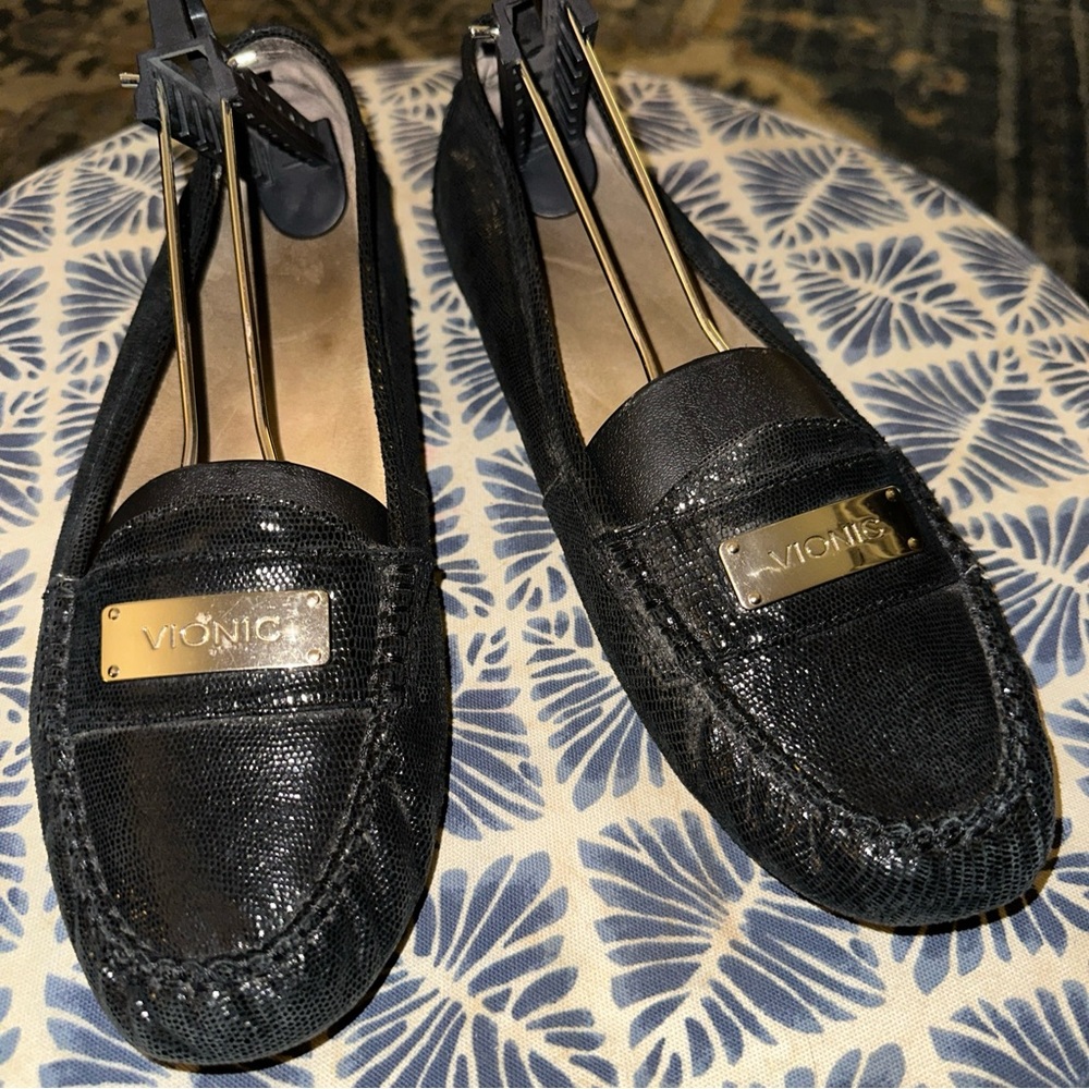 Vionic Virginia black textured leather moccasin loafer slipon shoe sz 11 VGUC b4